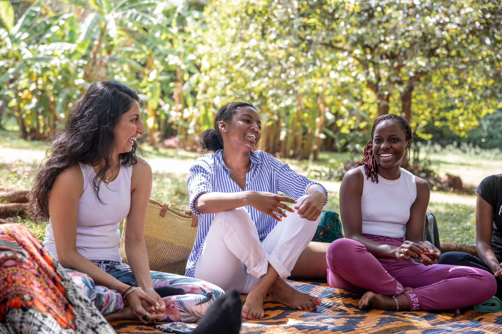 Friends relaxing together on a picnic blanket at an outdoor Sere session