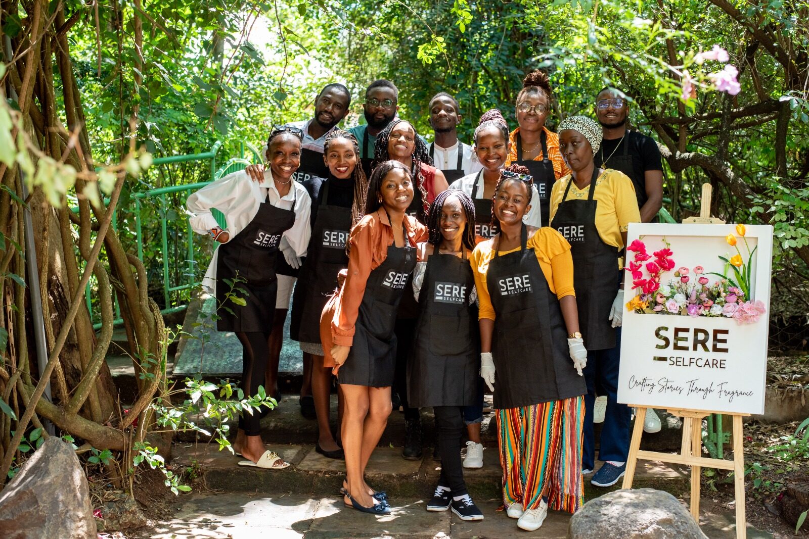 A corporate team in Sere aprons after a workshop